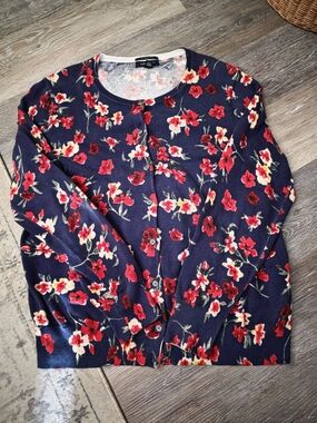 Lands' End Navy Floral Button Cardigan with Red Blooms